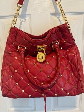 Michael Kors Red Quilted Leather Shoulder Bag with Gold Hardware